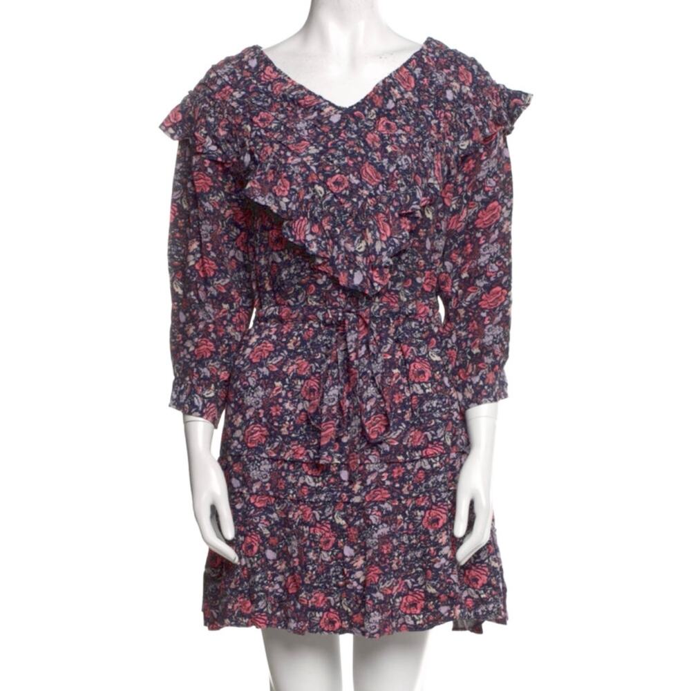 La Vie Rebecca Taylor Toile Flower Block Print Ruffle Trim Mini Dress S - Picture 5 of 10